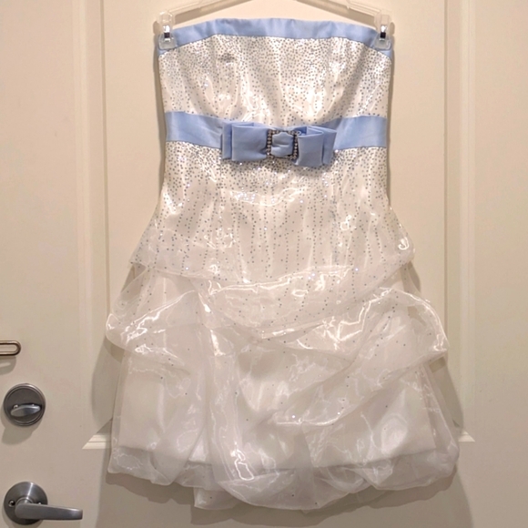Y2K Jessica McClintock Gunne Sax 5 White and Blue Iridescent Sparkly Mini Dress - Picture 1 of 8